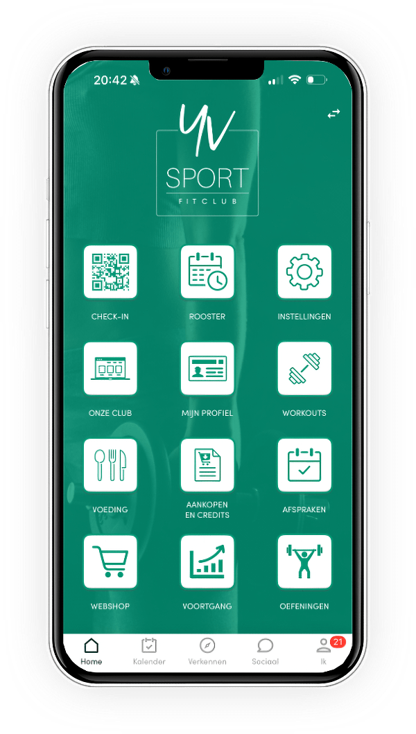 Screenshot van de YVSPORT Fitclub app