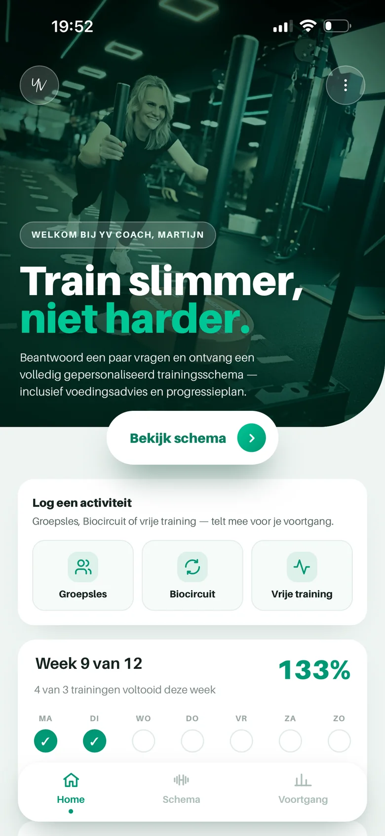 Startscherm van YV Coach met weekoverzicht en Log een activiteit