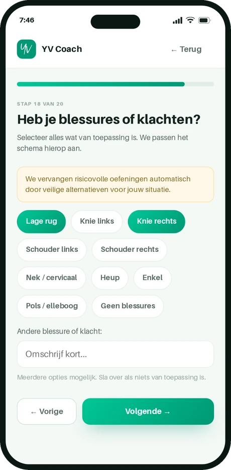 Intakevraag in YV Coach: heb je blessures of klachten?