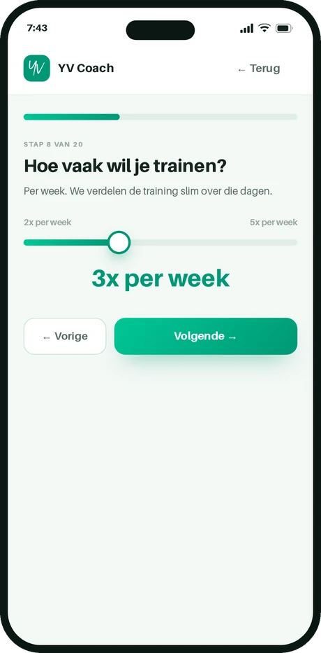 Intakevraag in YV Coach: hoe vaak wil je trainen?