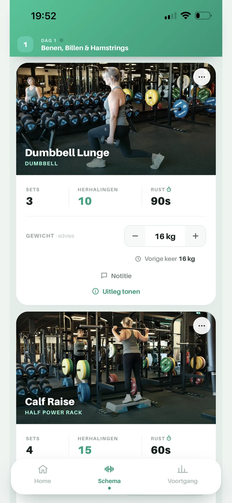 Oefeningkaarten in YV Coach met foto's uit de zaal van YVSPORT Fitclub