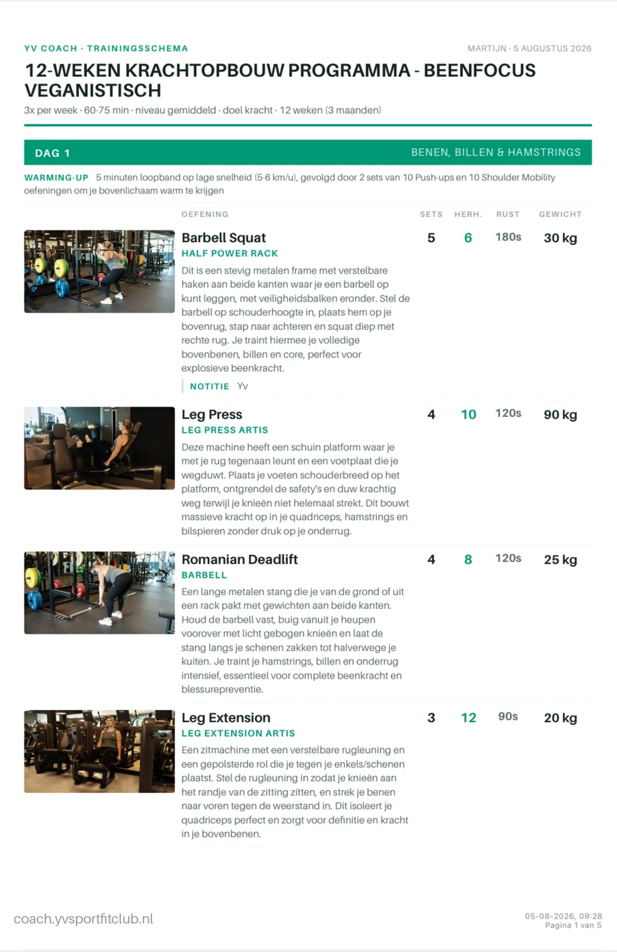 Uitgeprint YV Coach-trainingsschema met foto's, sets, herhalingen en gewicht