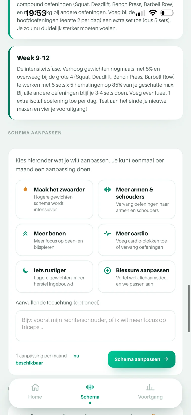 Schema aanpassen in YV Coach met keuzes als zwaarder, meer benen of blessure aanpassen