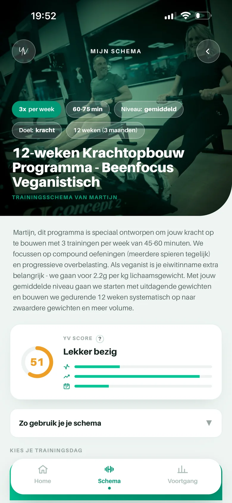 Schemapagina in YV Coach met doel, niveau en duur van het programma