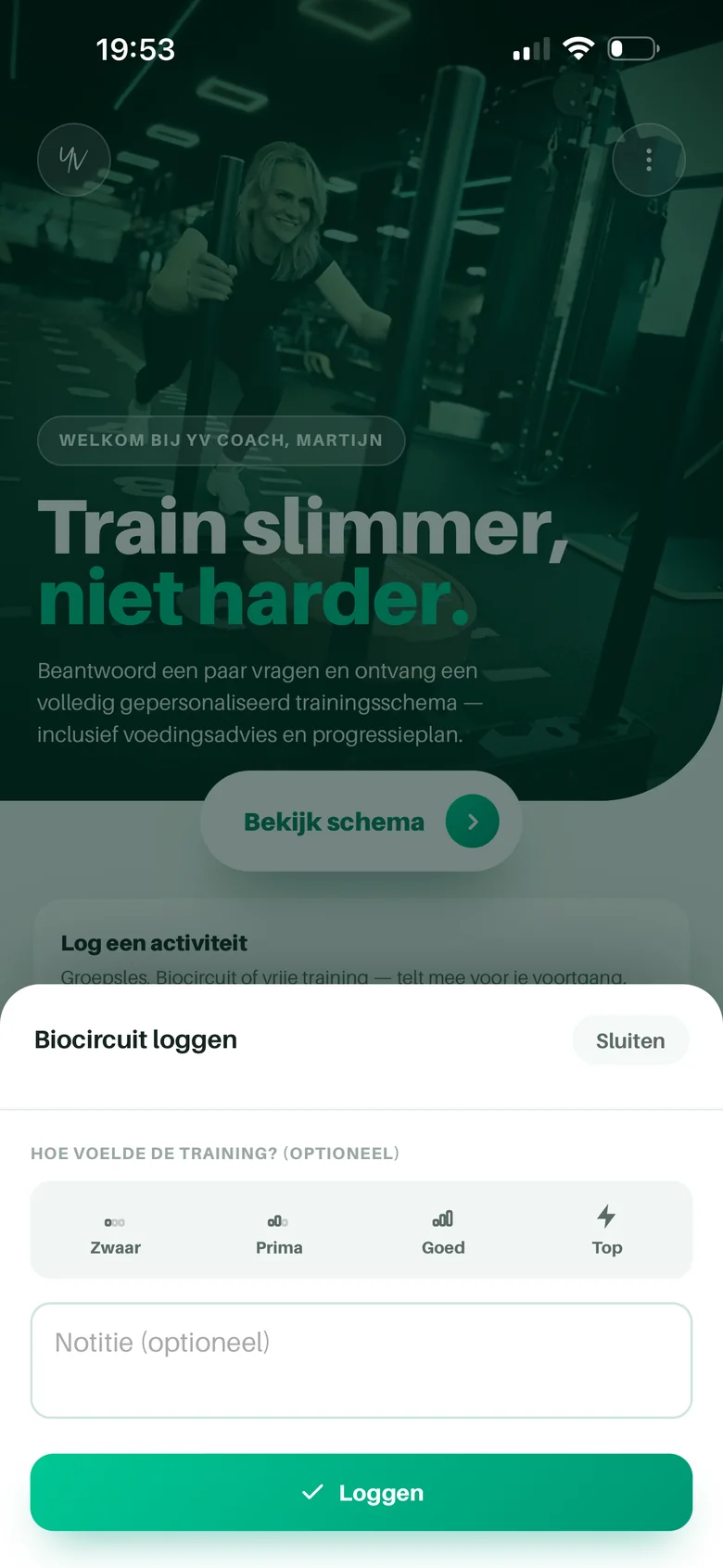 Biocircuit loggen in YV Coach met de vraag hoe de training voelde