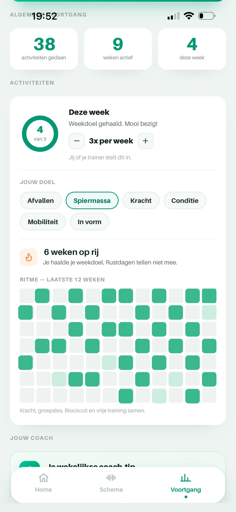 Weekdoel, streak en het ritme-overzicht van twaalf weken in YV Coach